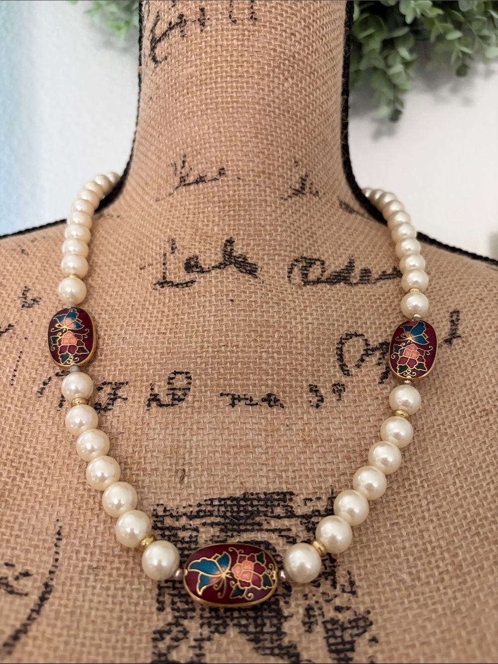 Pearl Necklace with Red Cloisonné Accents - Elegant Women’s Jewelry